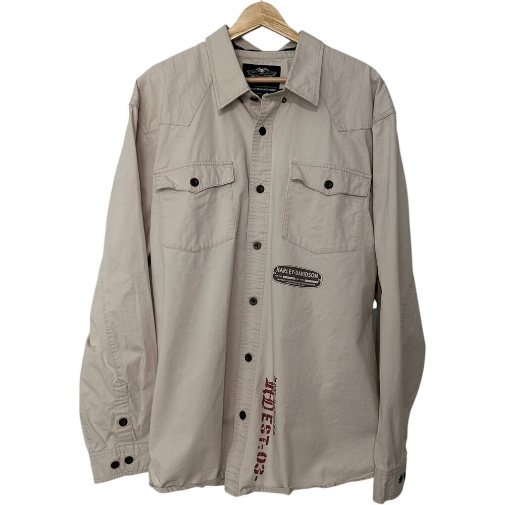 Harley-Davidson Men’s 100% Cotton Twill Graphic Long Sleeve Shirt Cream 2X - Picture 2 of 13